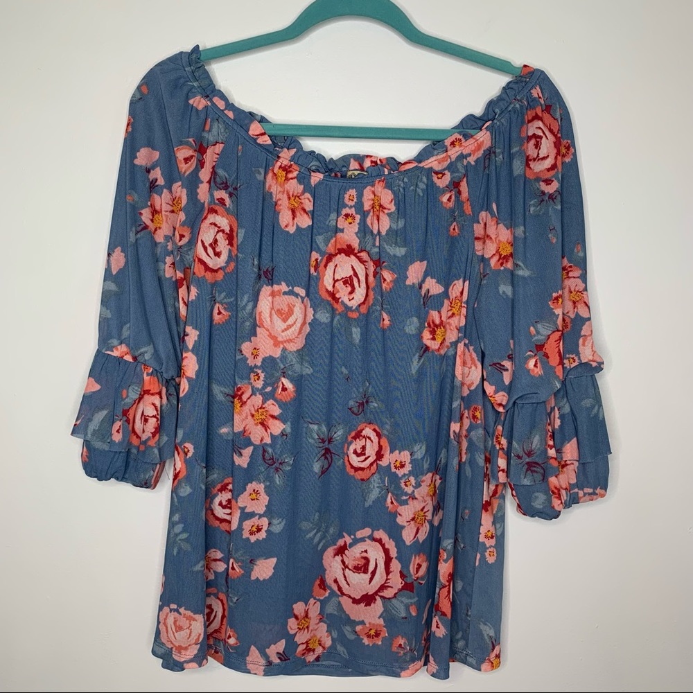Democracy blue floral off shoulder blouse